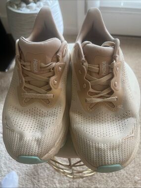 Hoka Beige Knit Running Shoes with Mint Toe